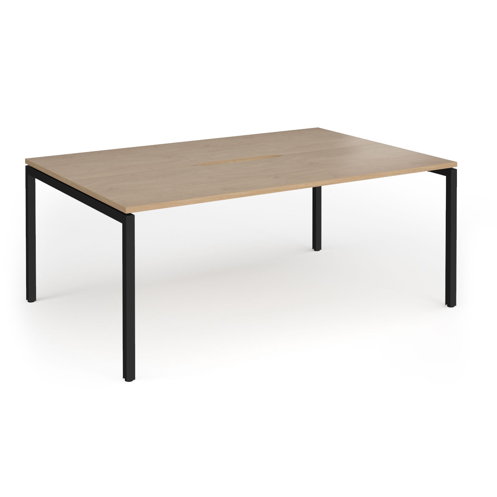 Back-to-back desk with wood-effect top and black metal frame on a white background