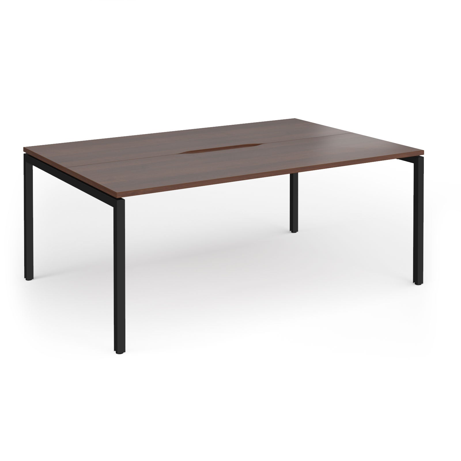 Back-to-back desk with wood-effect top and black metal frame on a white background