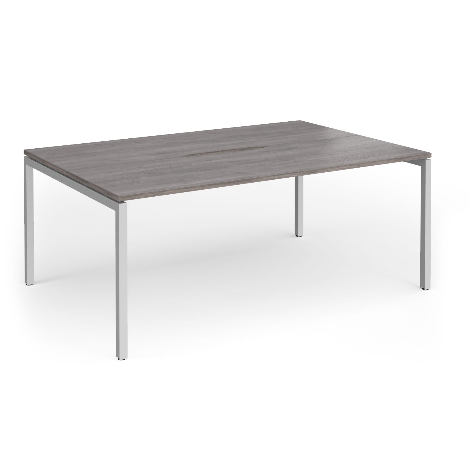 Back-to-back desk with grey wood-effect top and silver metal frame on a white background