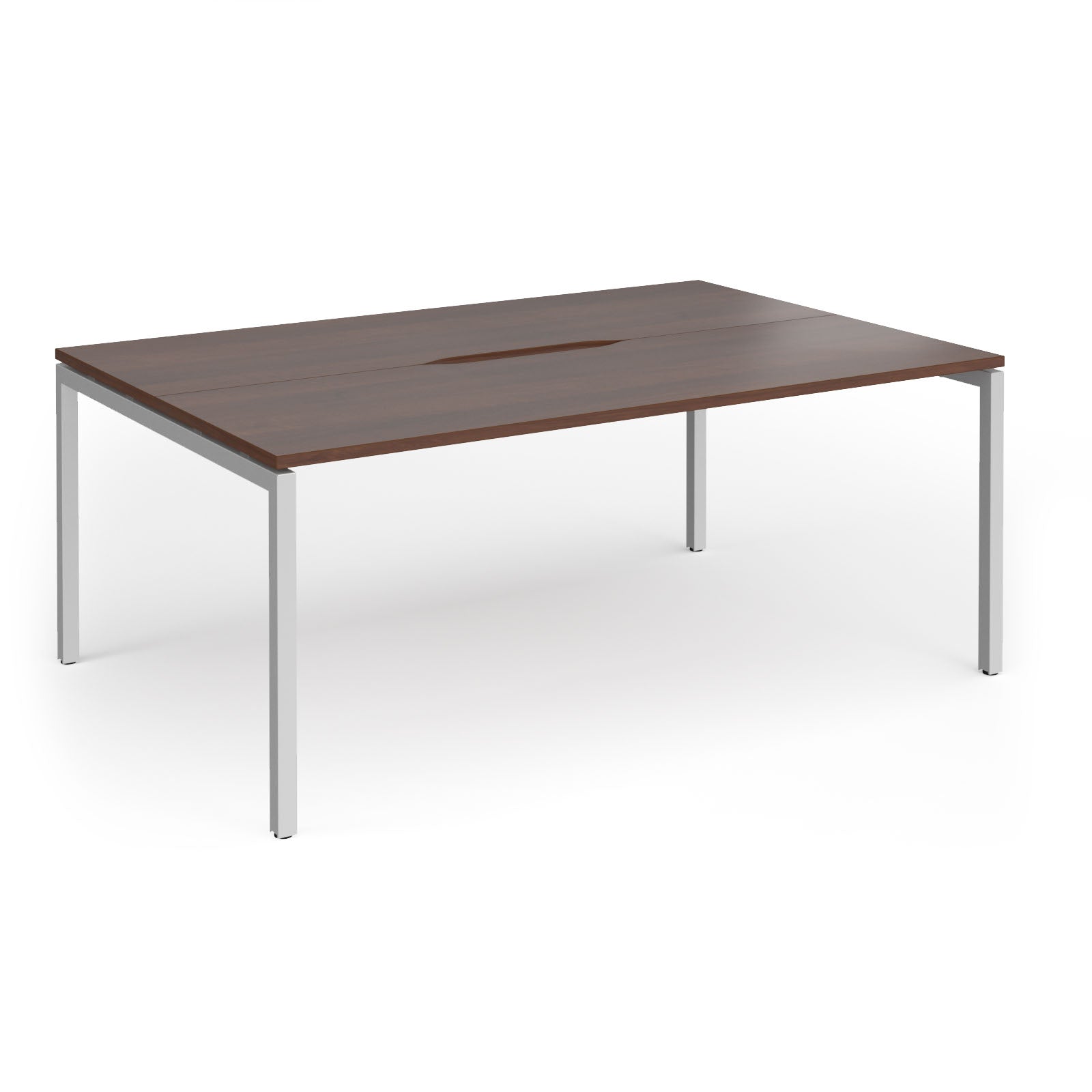 Back-to-back desk with wood-effect top and silver metal frame on a white background
