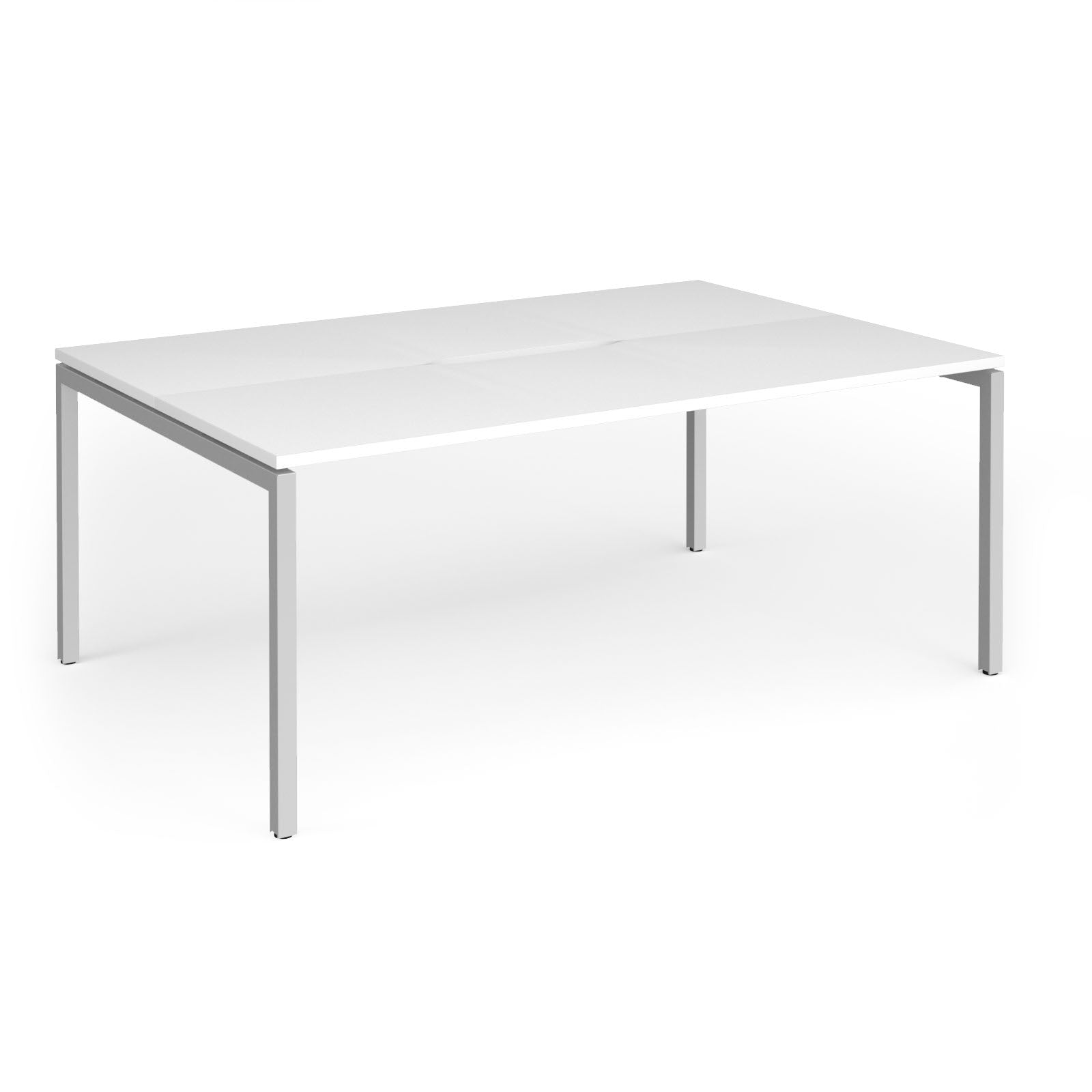 Back-to-back desk with white top and silver metal frame on a white background