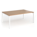 Back-to-back desk with wood-effect top and white metal frame on a white background