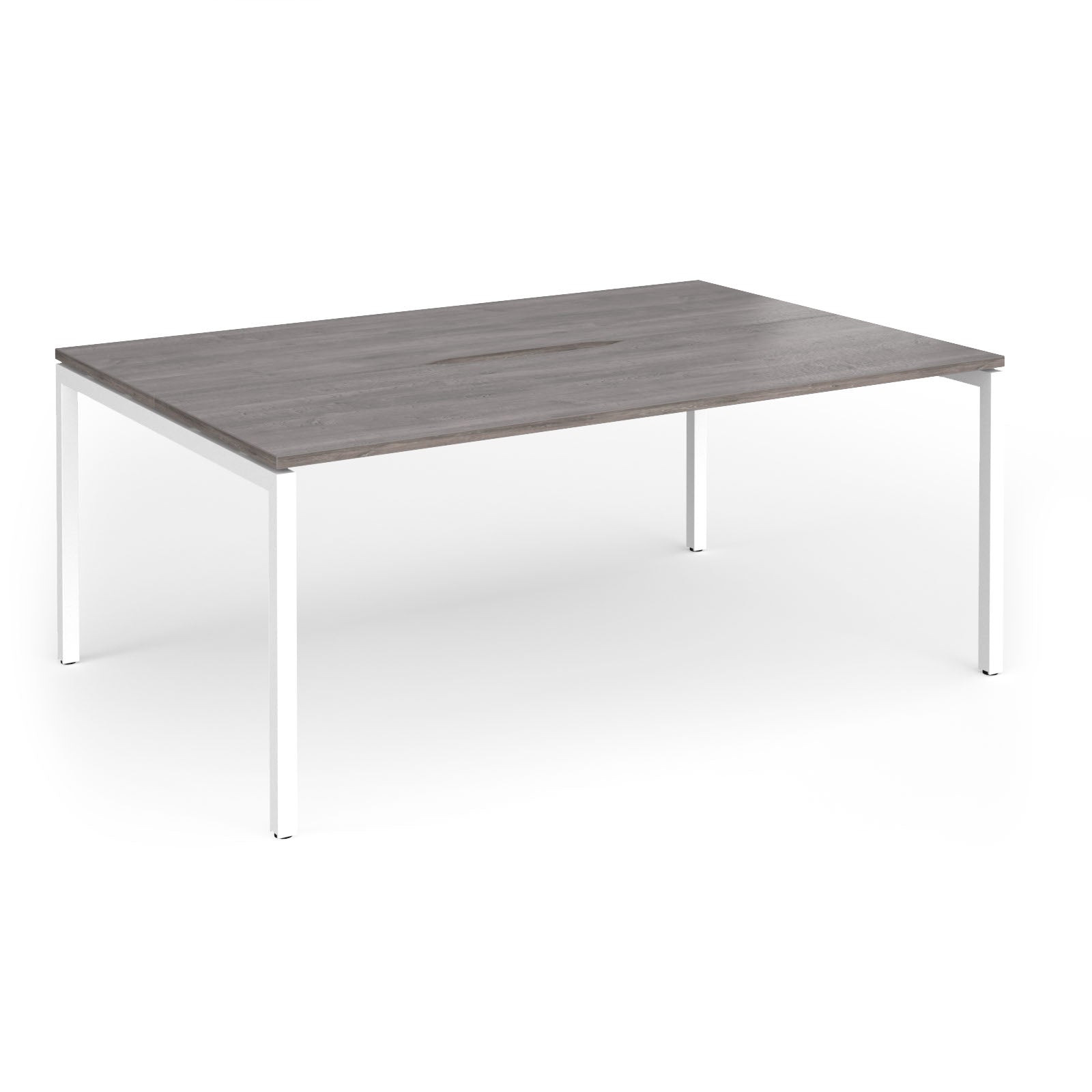 Back-to-back desk with grey wood-effect top and white metal frame on a white background