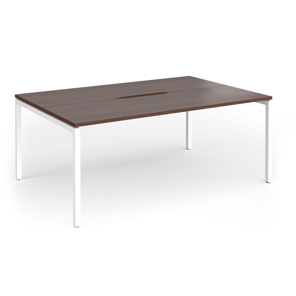 Back-to-back desk with wood-effect top and white metal frame on a white background