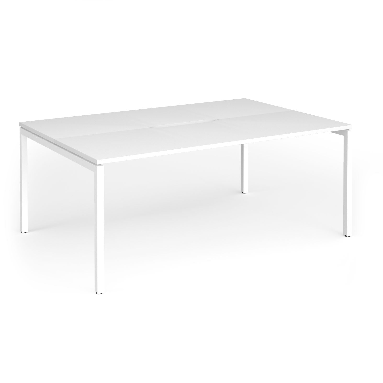 Back-to-back desk with white top and metal frame on a white background