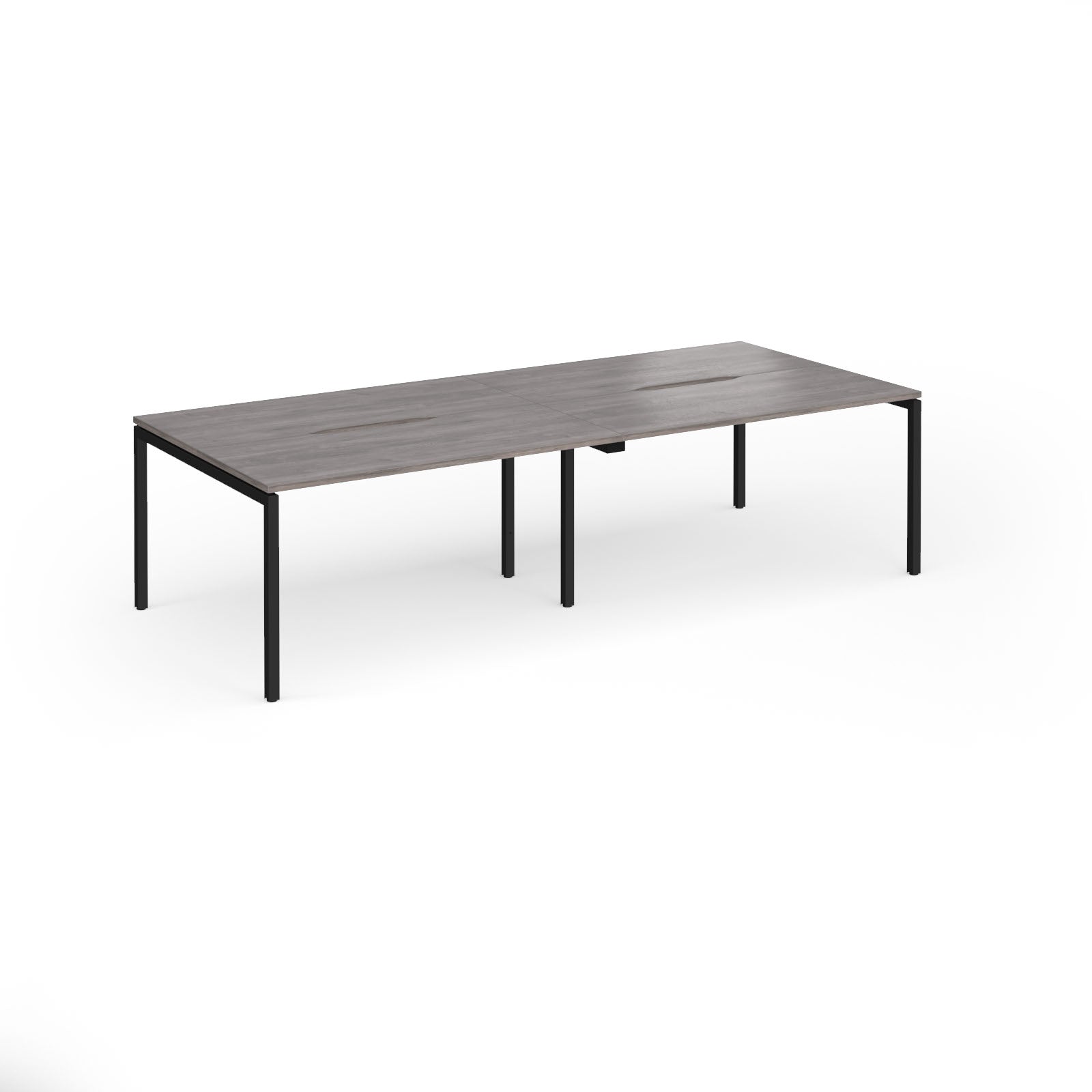 Office bench desks with grey wood-effect top and black legs on a white background