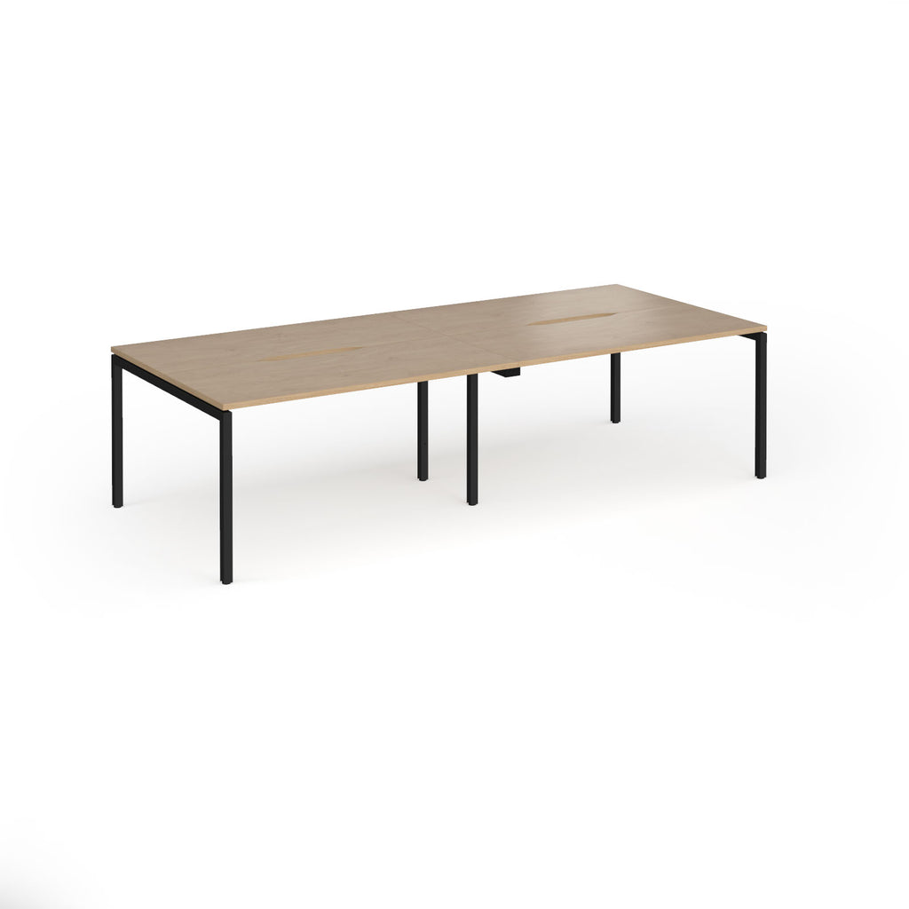 Office bench desks with wood-effect top and black legs on a white background