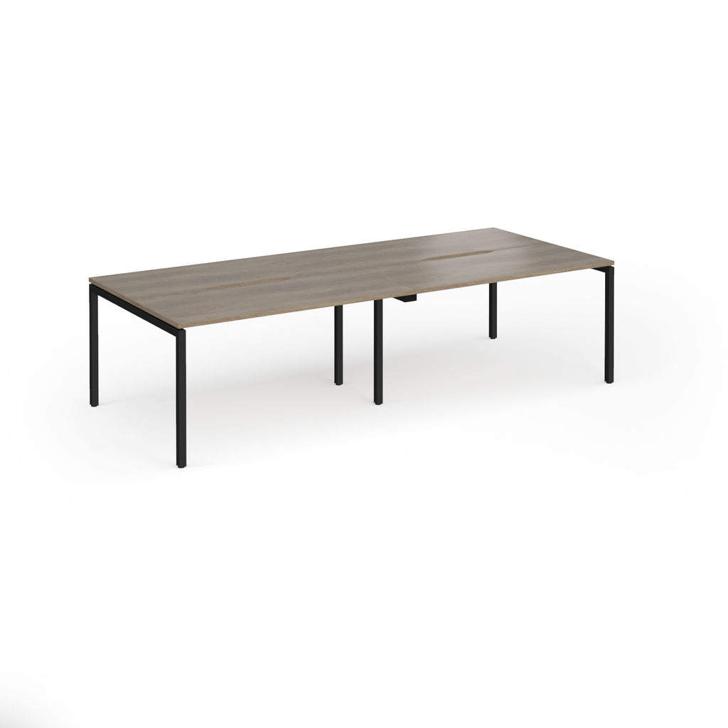 Office bench desks with wood-effect top and black legs on a white background