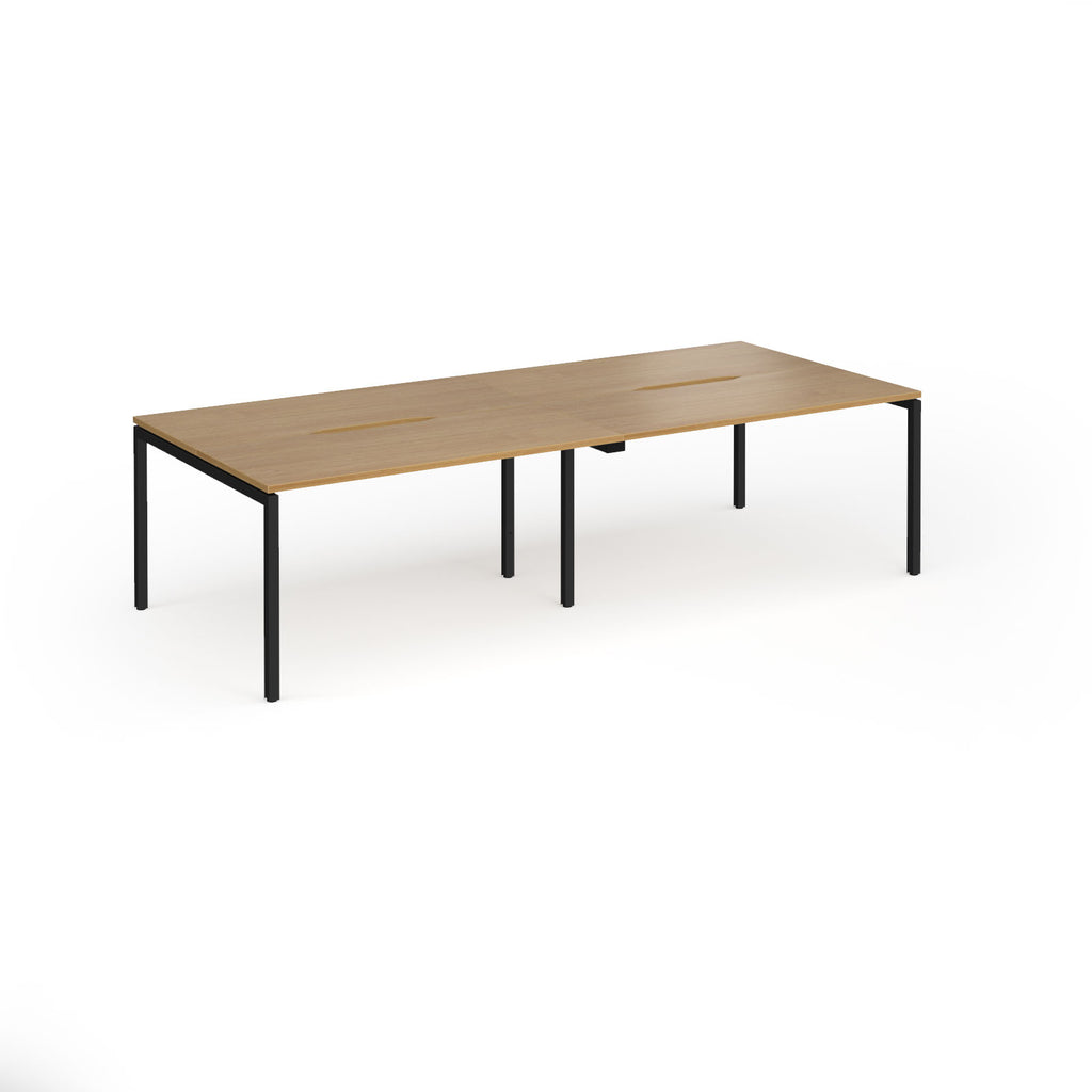 Office bench desks with wood-effect top and black legs on a white background