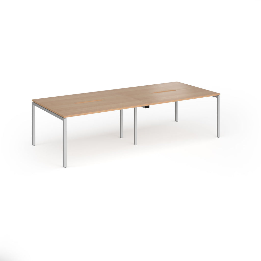 Office bench desks with wood-effect top and silver legs on a white background
