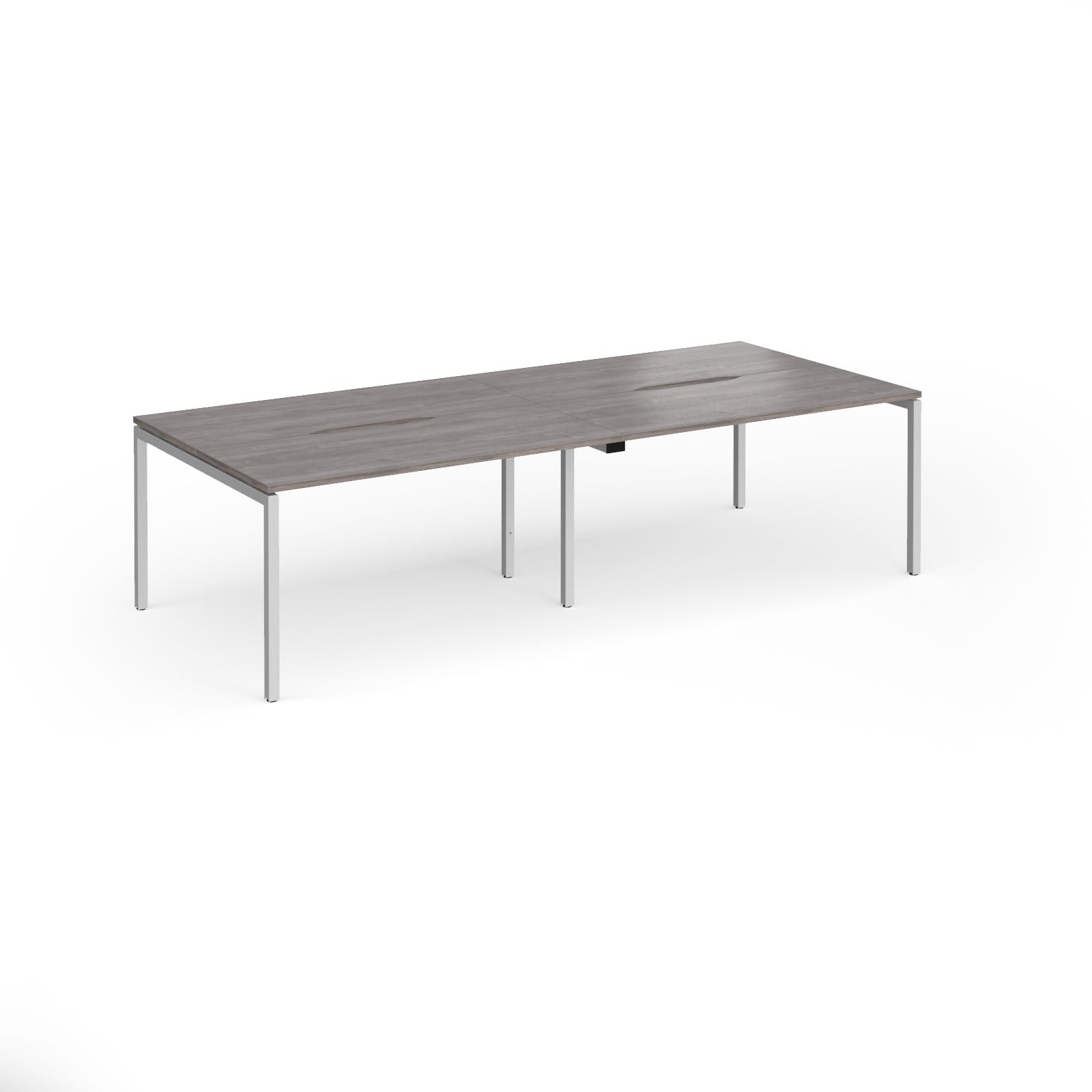 Office bench desks with grey wood-effect top and silver legs on a white background