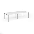 Office bench desks with white top and silver legs on a white background