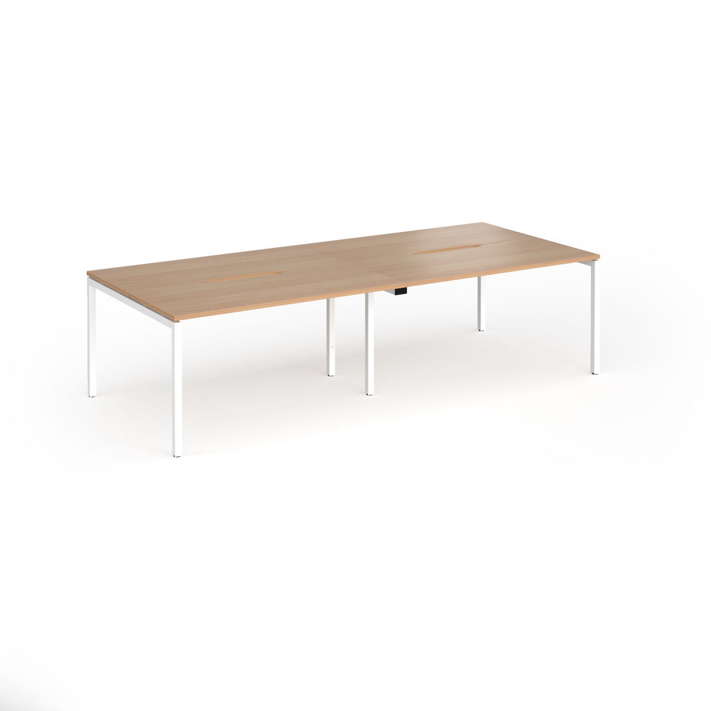 Office bench desks with wood-effect top and white legs on a white background