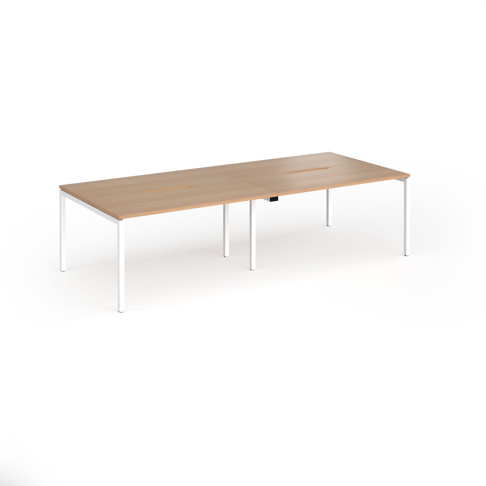 Office bench desks with wood-effect top and white legs on a white background