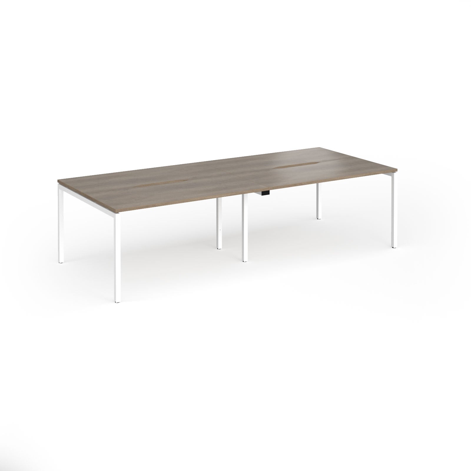 Office bench desks with wood-effect top and white legs on a white background