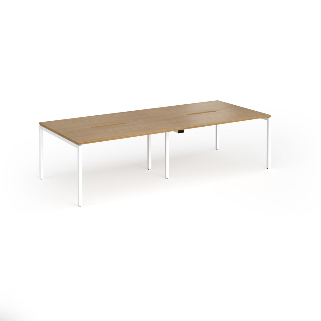 Office bench desks with wood-effect top and white legs on a white background