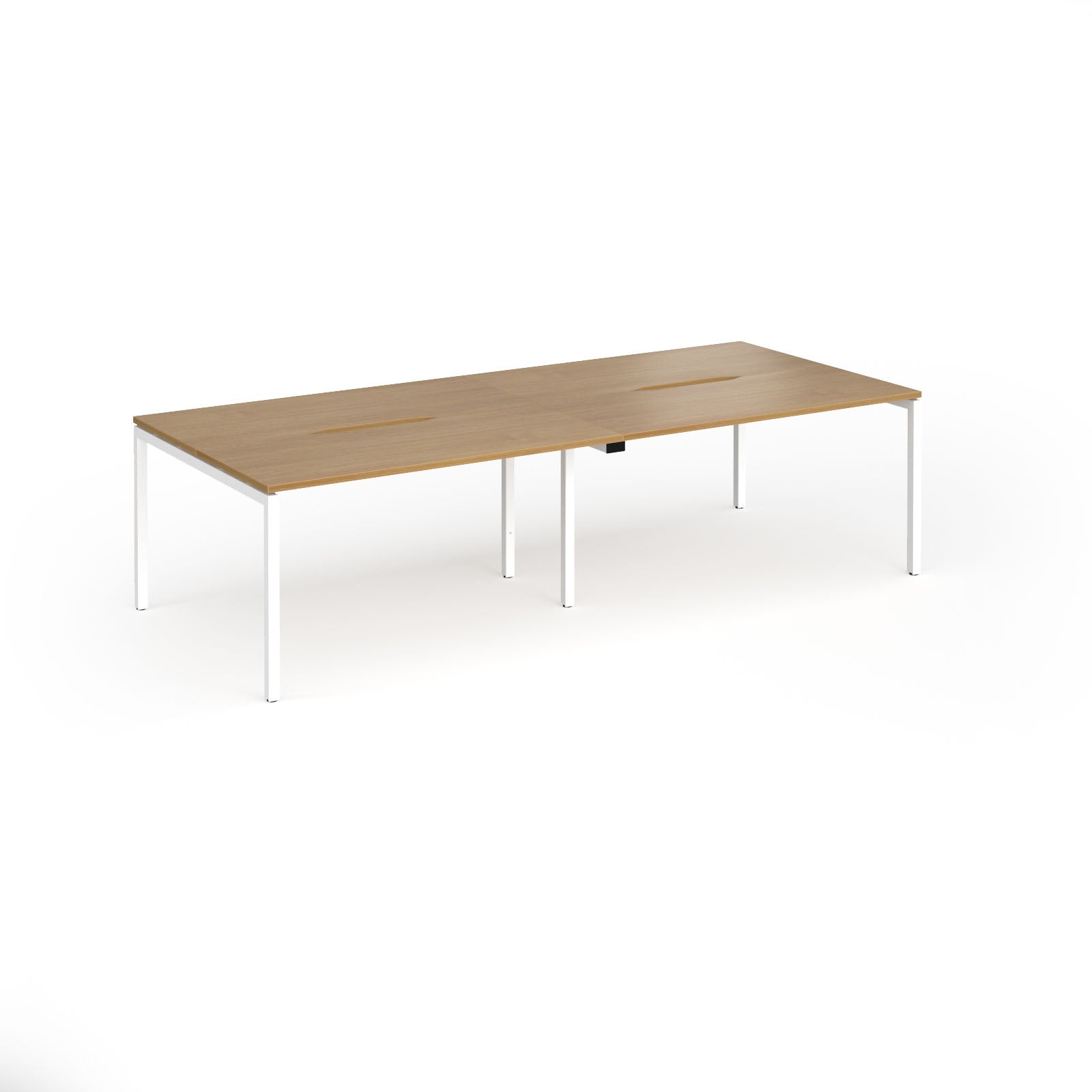 Office bench desks with wood-effect top and white legs on a white background
