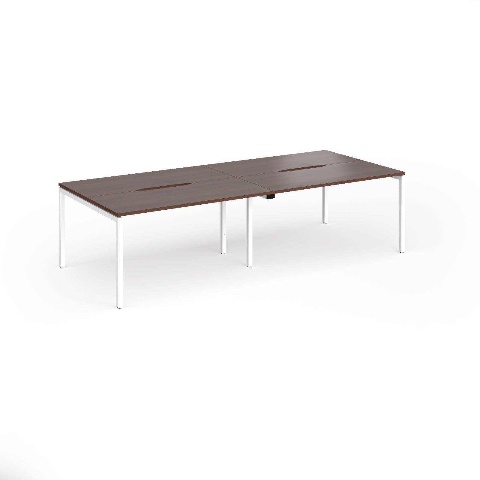 Office bench desks with wood-effect top and white legs on a white background