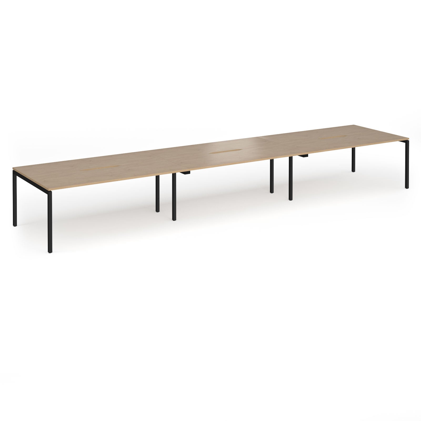 Triple back-to-back desk with wood-effect top and black legs on a white background