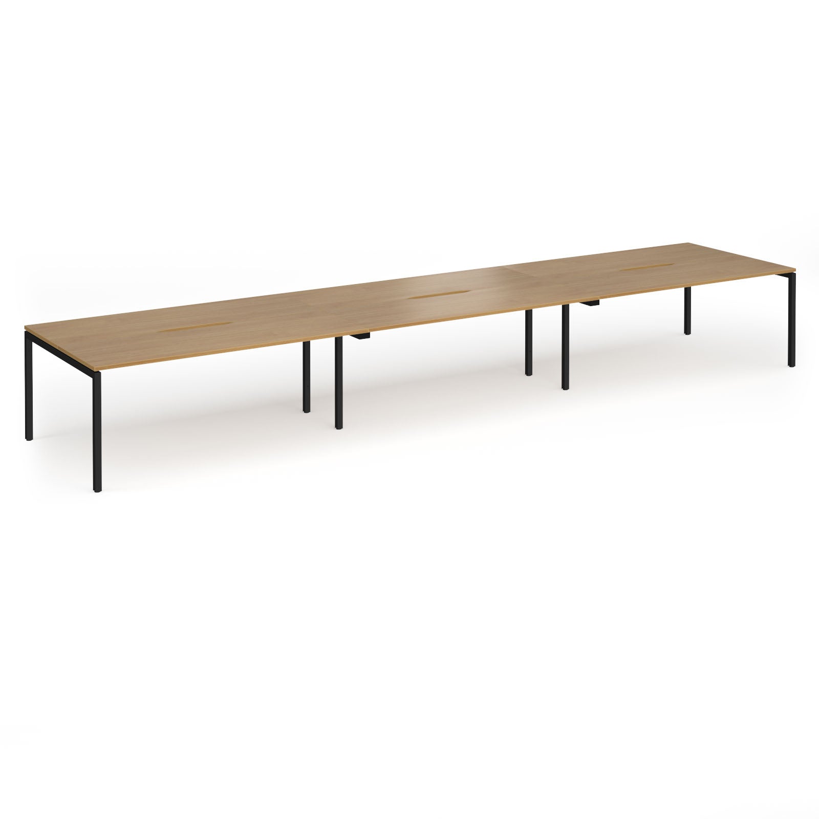 Triple back-to-back desk with wood-effect top and black legs on a white background