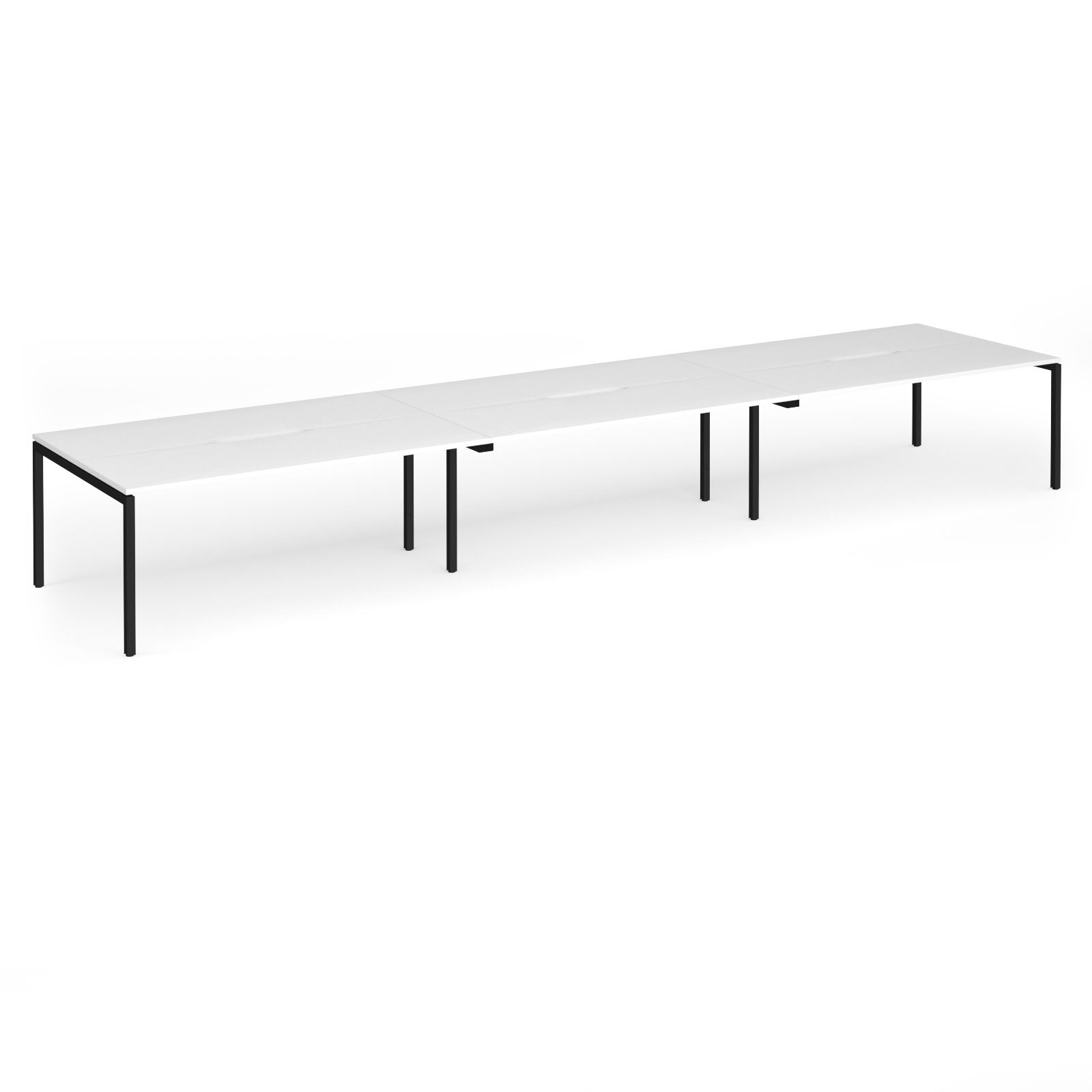 Triple back-to-back desk with white top and black legs on a white background