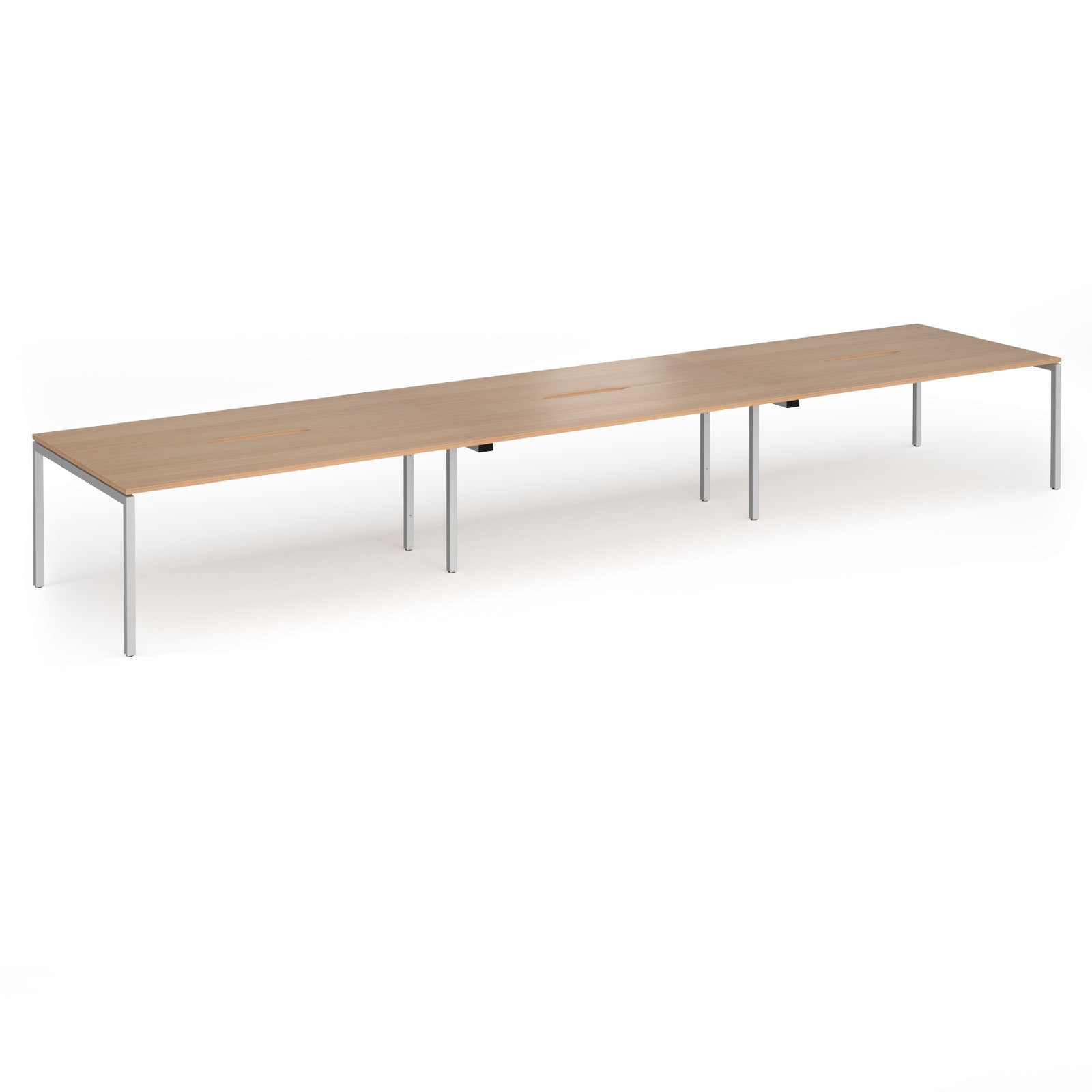 Triple back-to-back desk with wood-effect top and silver legs on a white background