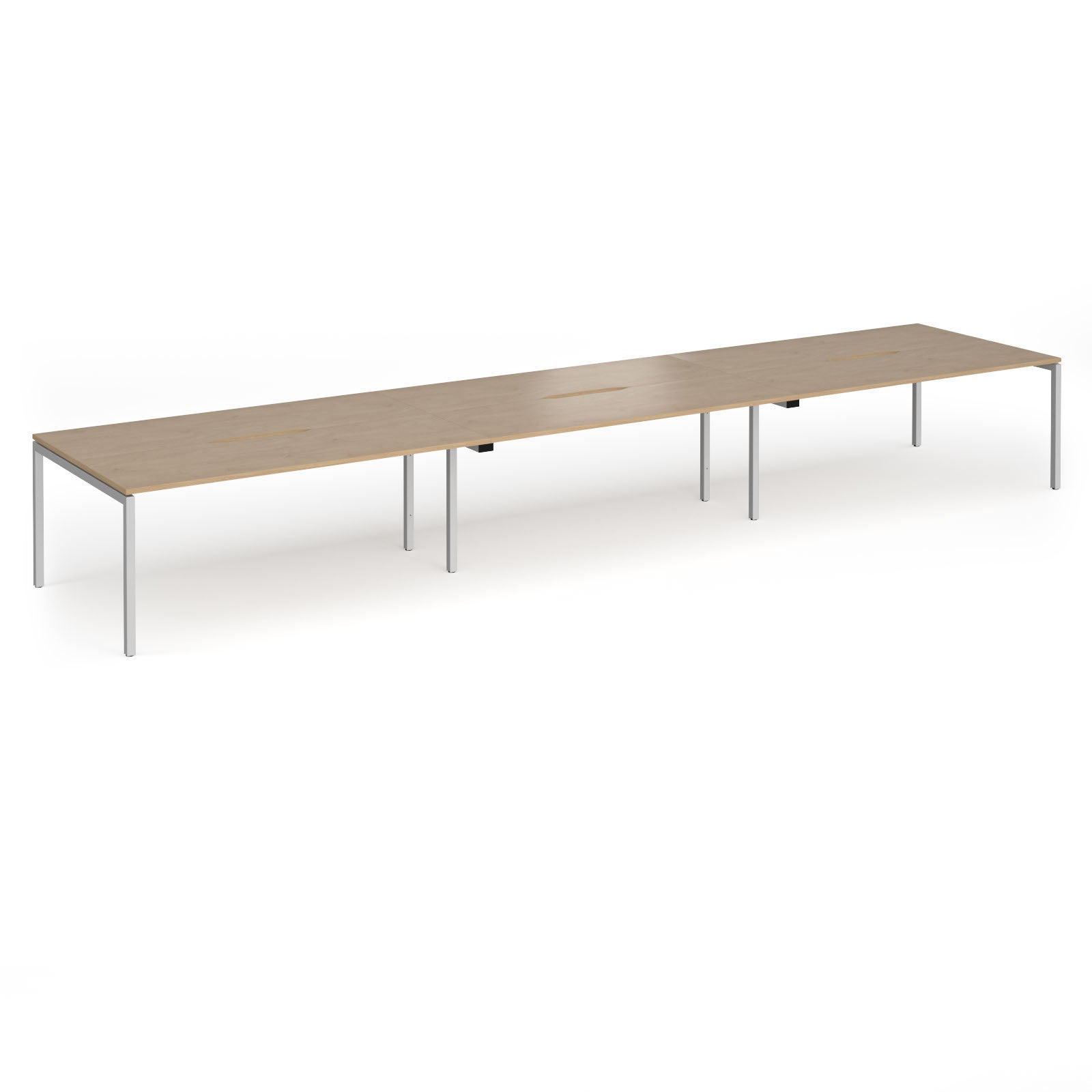 Triple back-to-back desk with wood-effect top and silver legs on a white background