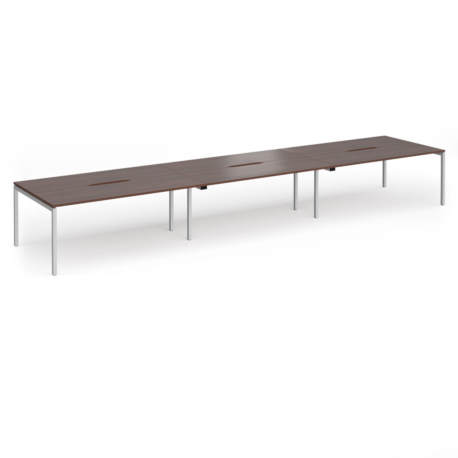 Triple back-to-back desk with wood-effect top and silver legs on a white background