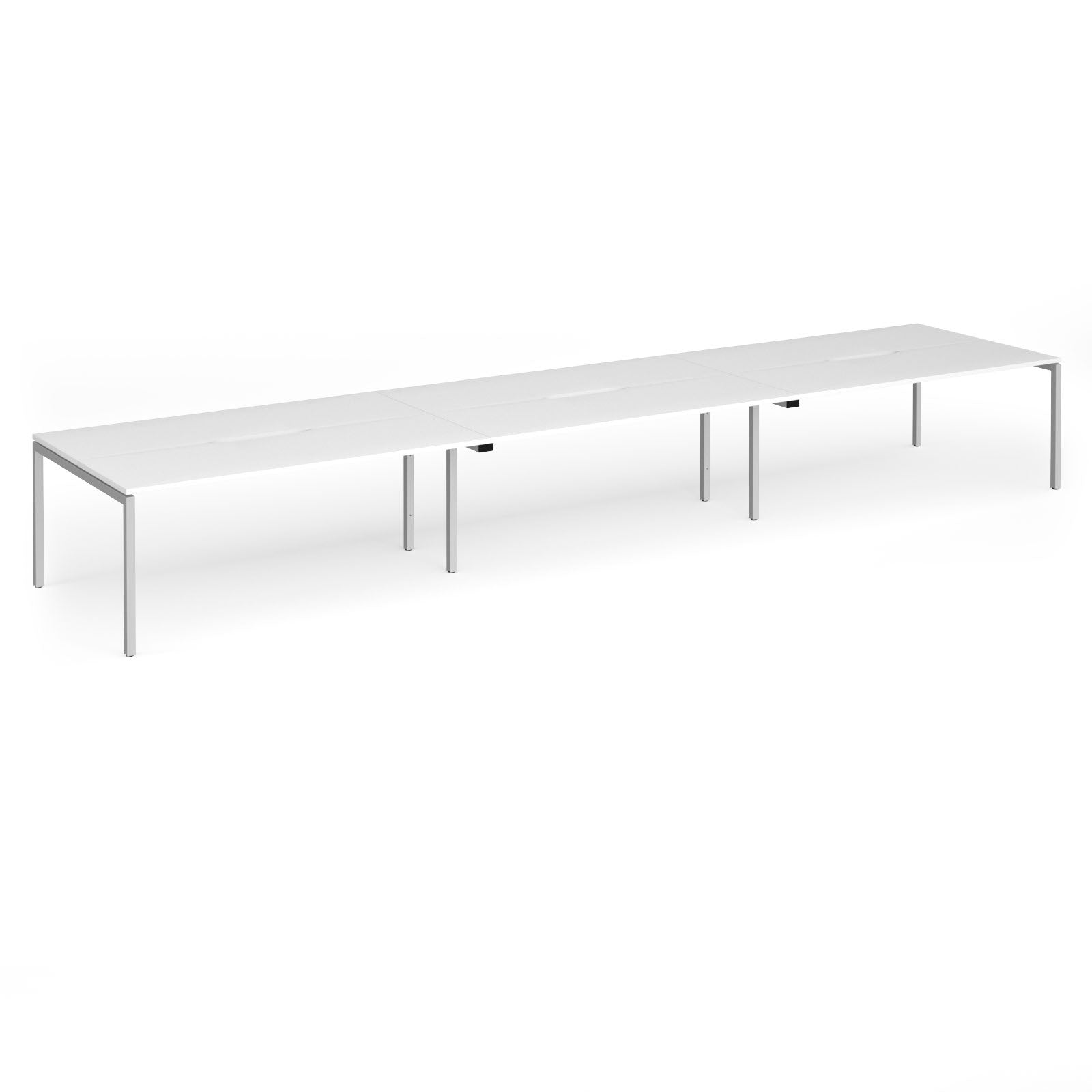 Triple back-to-back desk with white top and silver legs on a white background