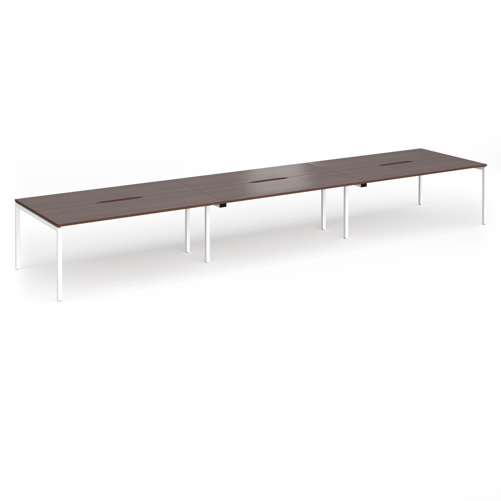 Triple back-to-back desk with wood-effect top and white legs on a white background