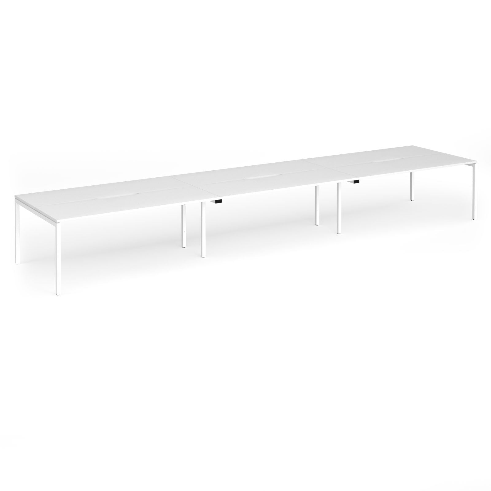 Triple back-to-back desk with white top and legs on a white background