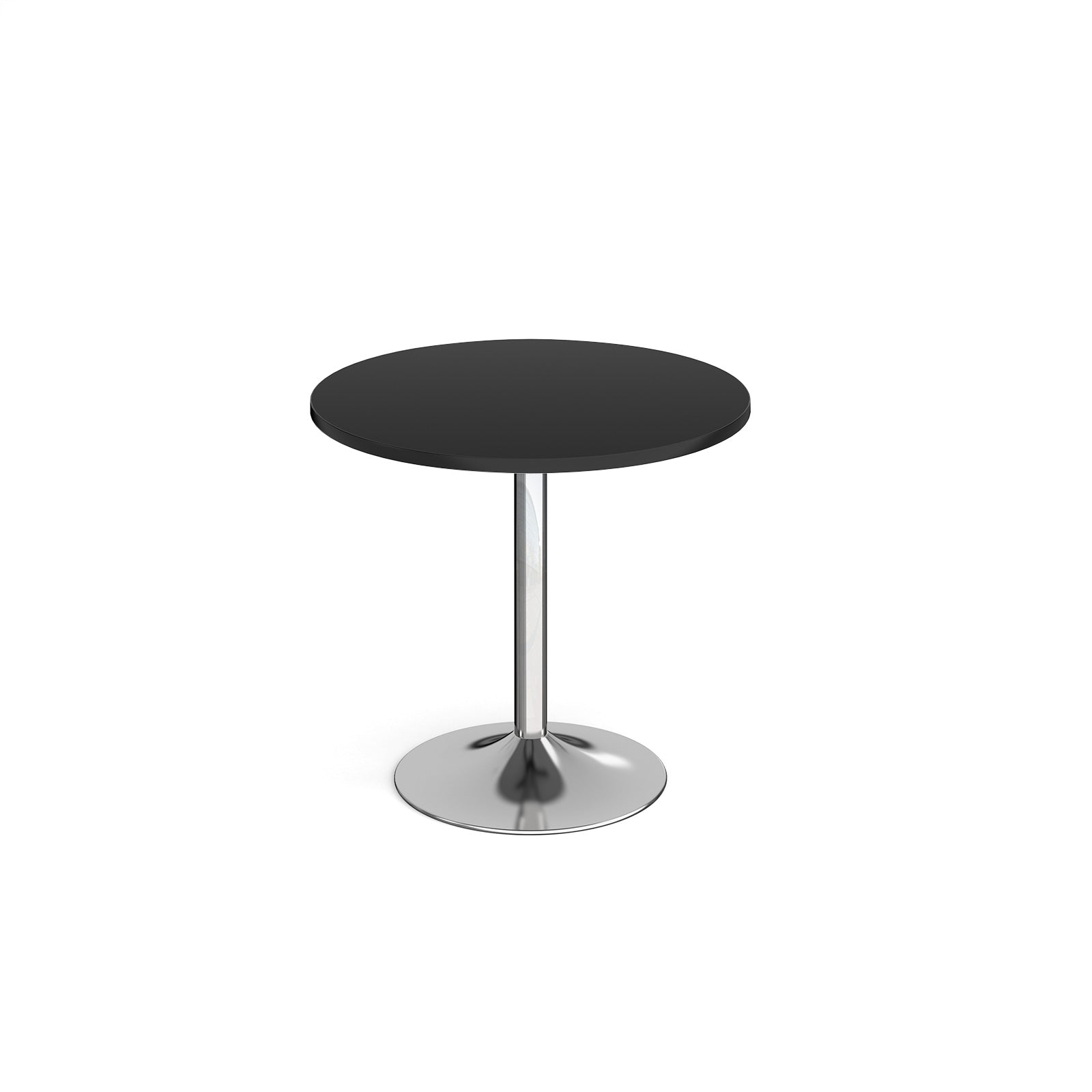A modern round dining table with a black top and a polished chrome pedestal base, shown on a seamless white background.