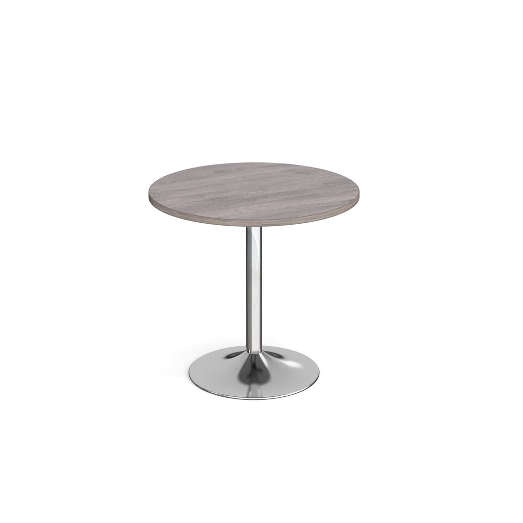 A modern round dining table with a grey wood-effect top and a polished chrome pedestal base, shown on a seamless white background.