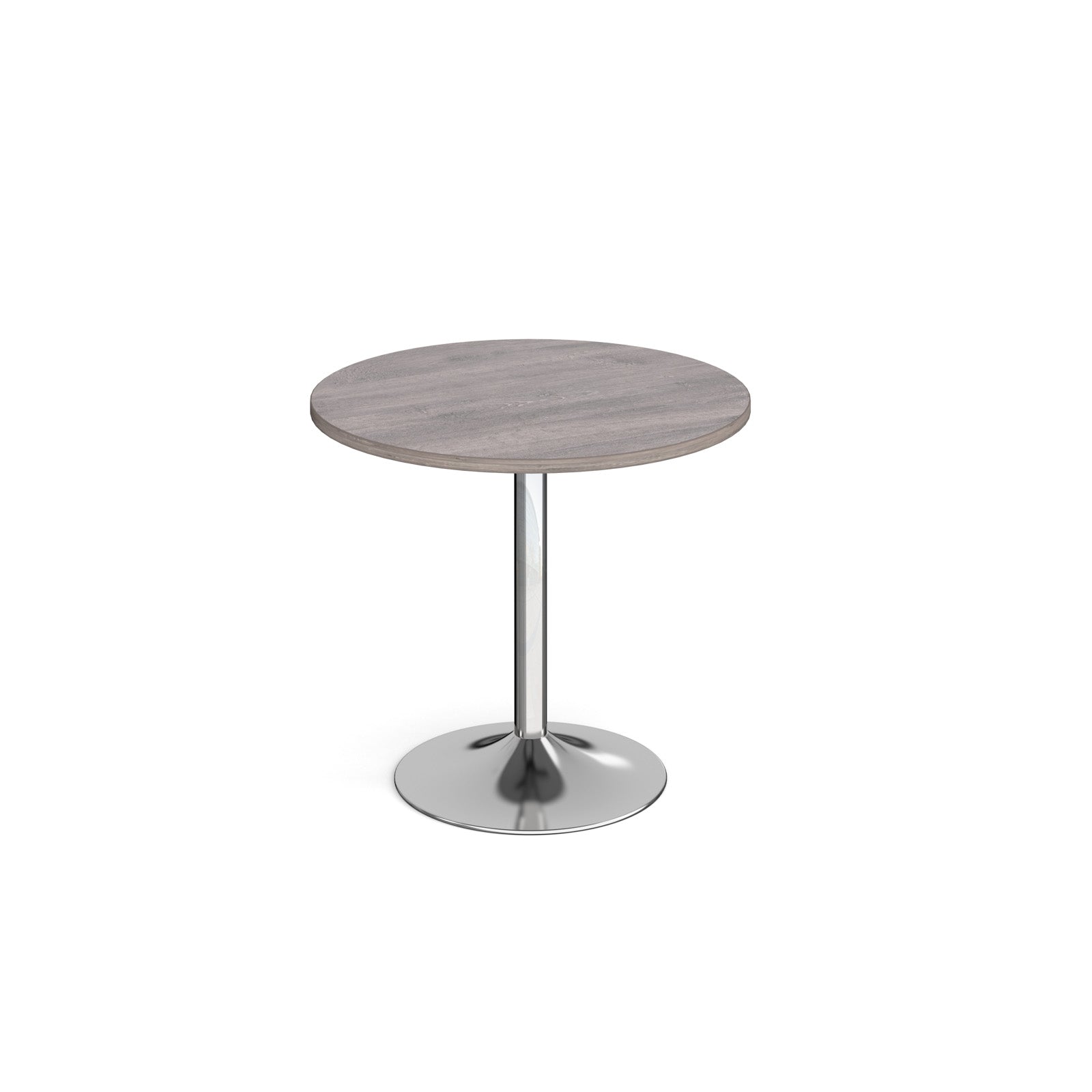 A modern round dining table with a grey wood-effect top and a polished chrome pedestal base, shown on a seamless white background.