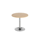 A modern round dining table with a wood-effect top and a polished chrome pedestal base, shown on a seamless white background.