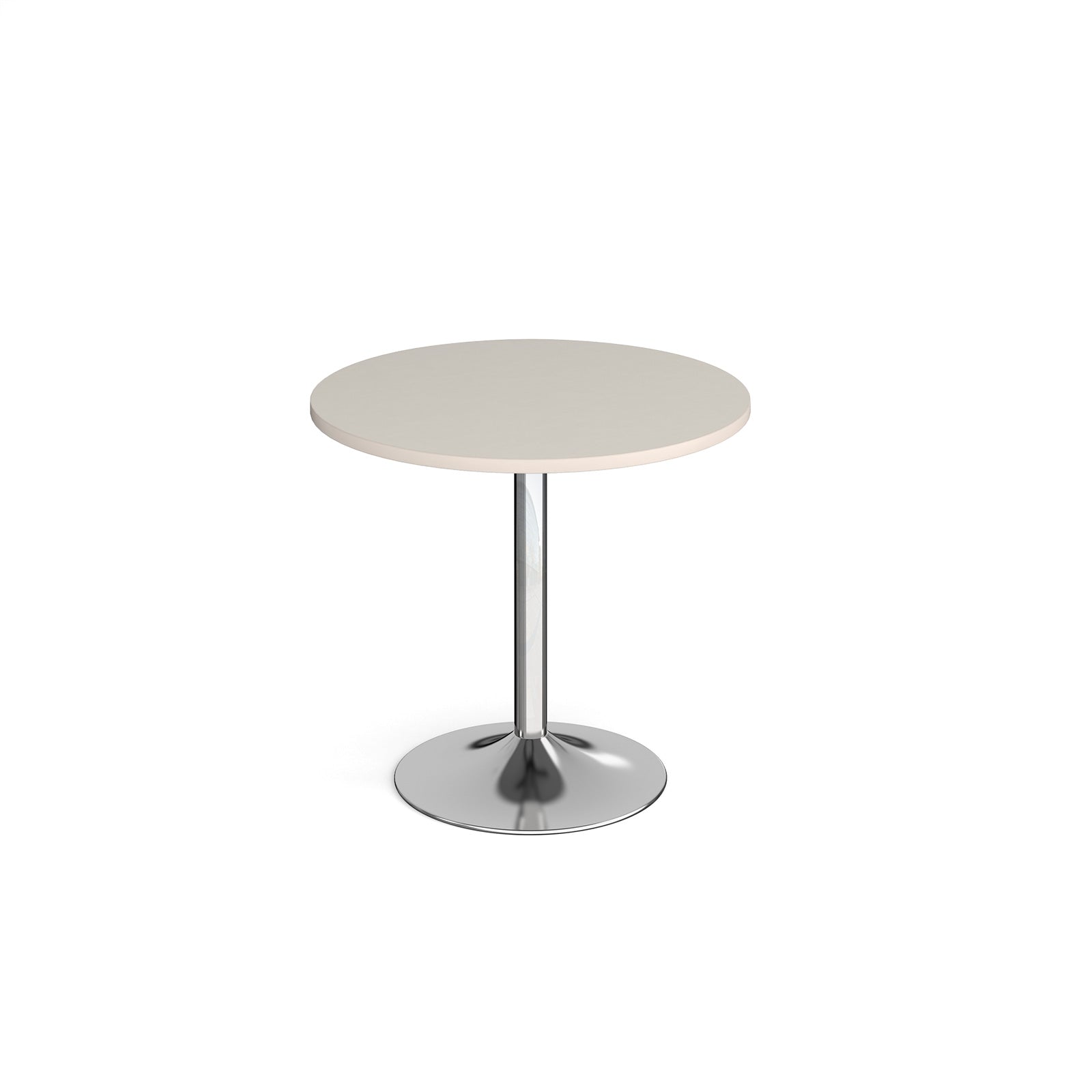 A modern round dining table with a light grey top and a polished chrome pedestal base, shown on a seamless white background.