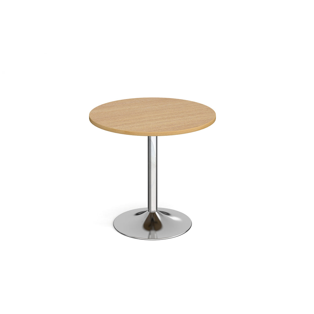 A modern round dining table with a wood-effect top and a polished chrome pedestal base, shown on a seamless white background.
