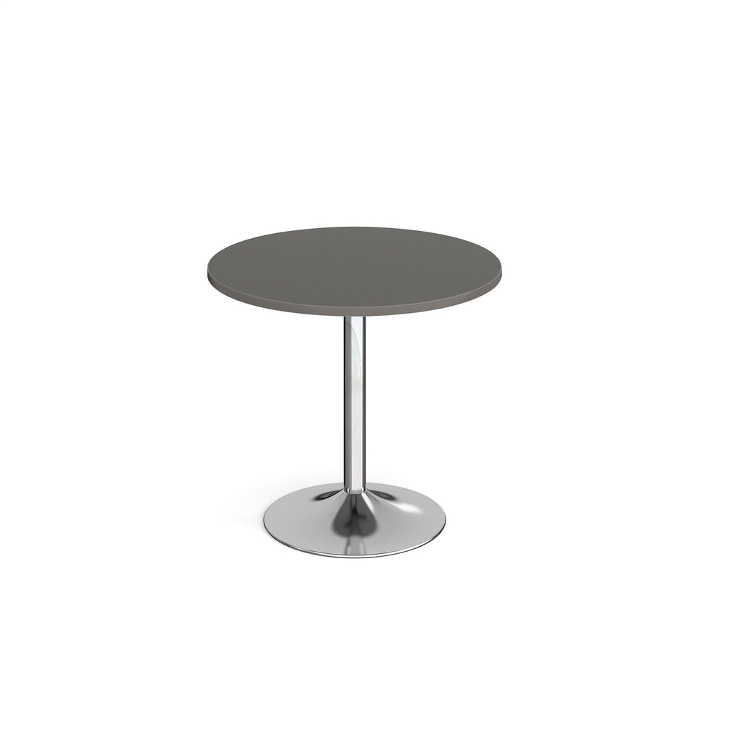 A modern round dining table with a grey top and a polished chrome pedestal base, shown on a seamless white background.