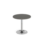 A modern round dining table with a grey top and a polished chrome pedestal base, shown on a seamless white background.