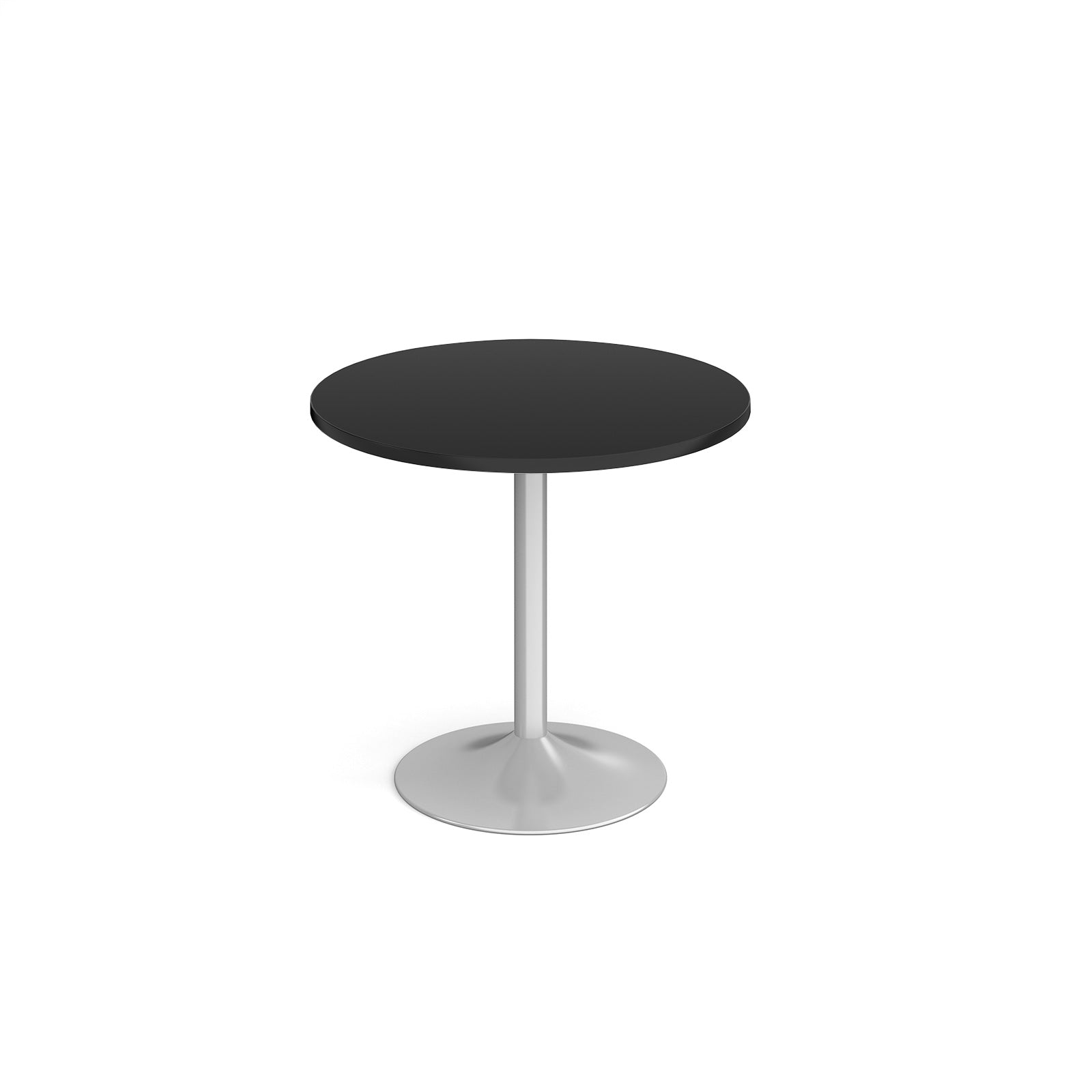 A modern round dining table with a black top and a silver pedestal base, shown on a seamless white background.