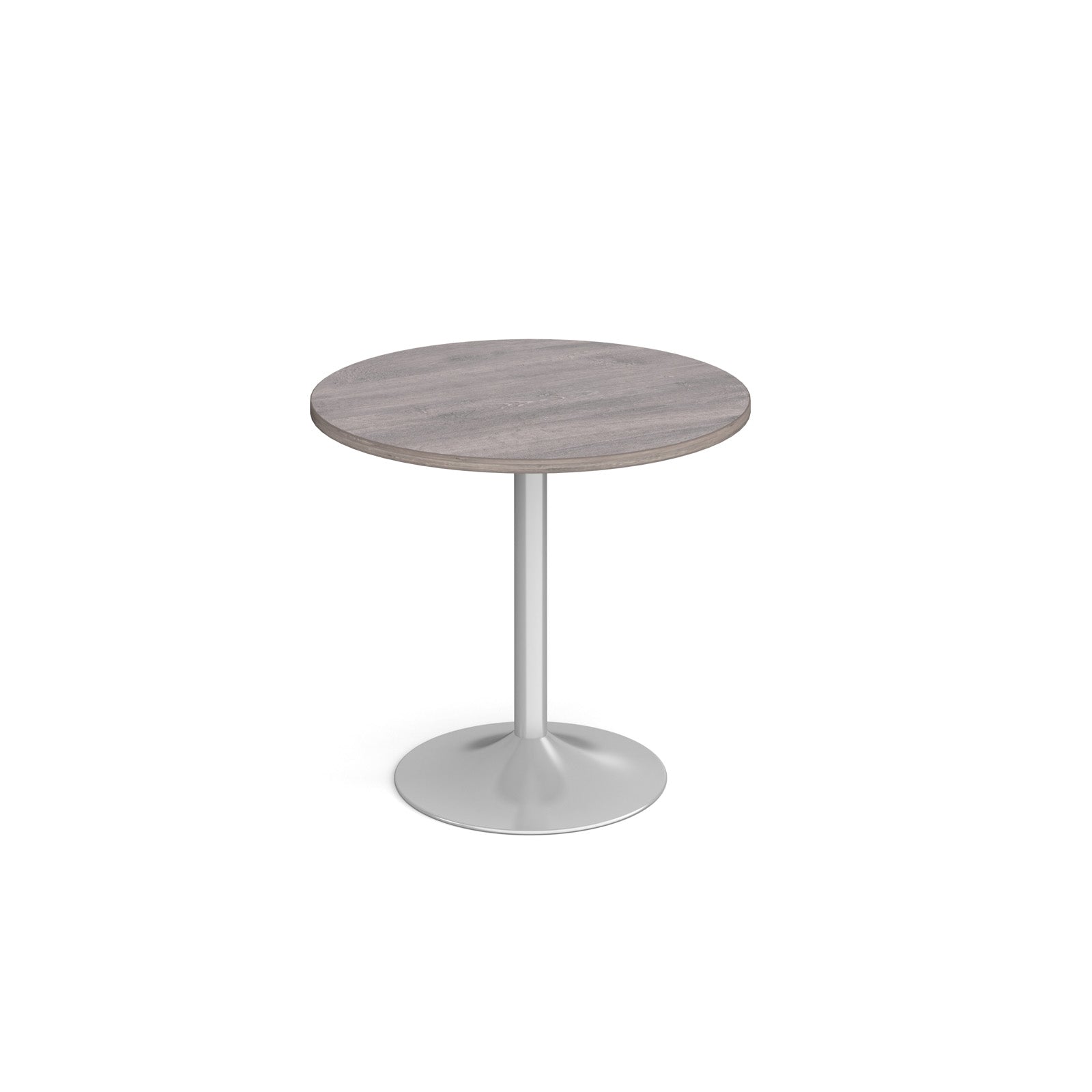 A modern round dining table with a grey wood-effect top and a silver pedestal base, shown on a seamless white background.