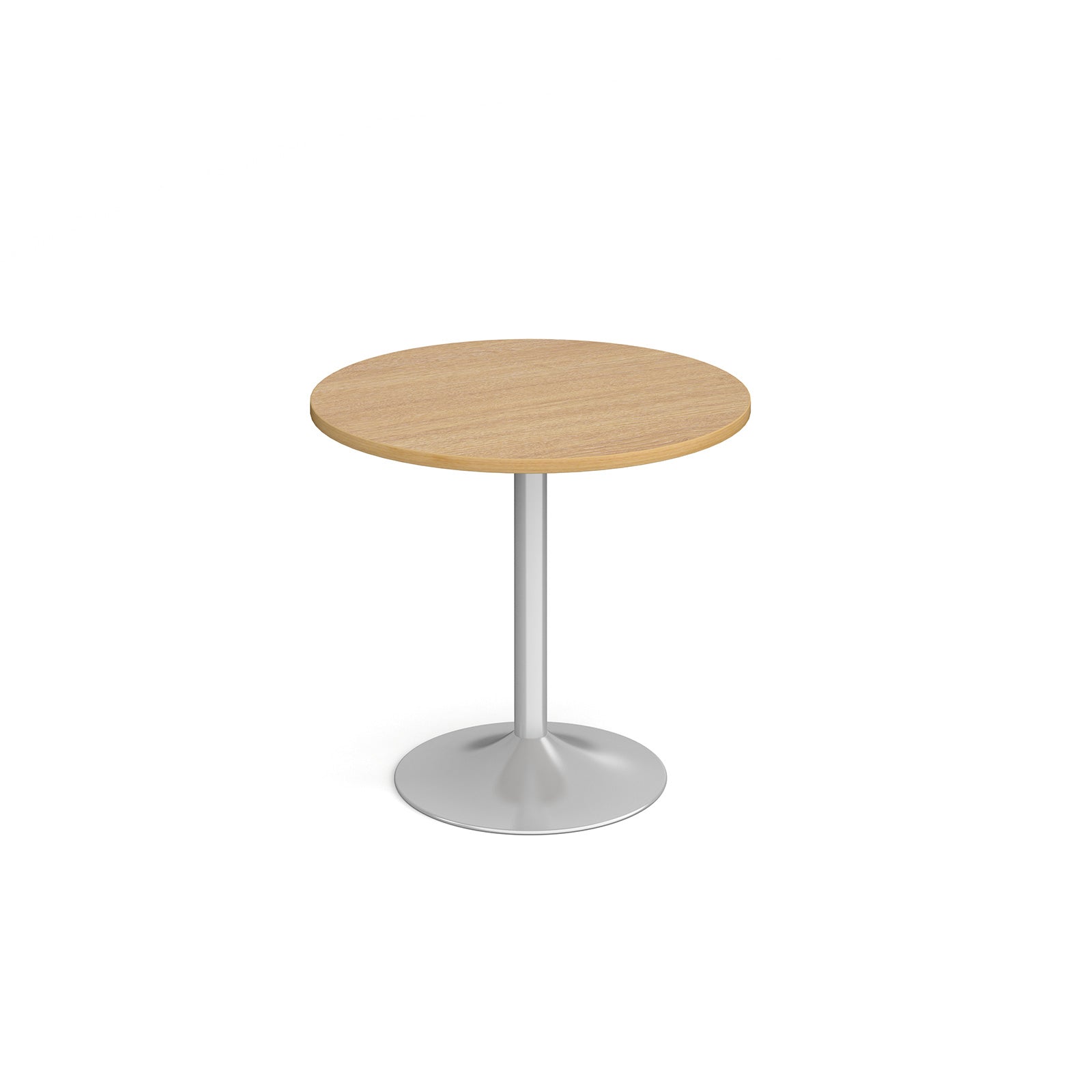 A modern round dining table with a wood-effect top and a silver pedestal base, shown on a seamless white background.