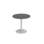 A modern round dining table with a grey top and a silver pedestal base, shown on a seamless white background.
