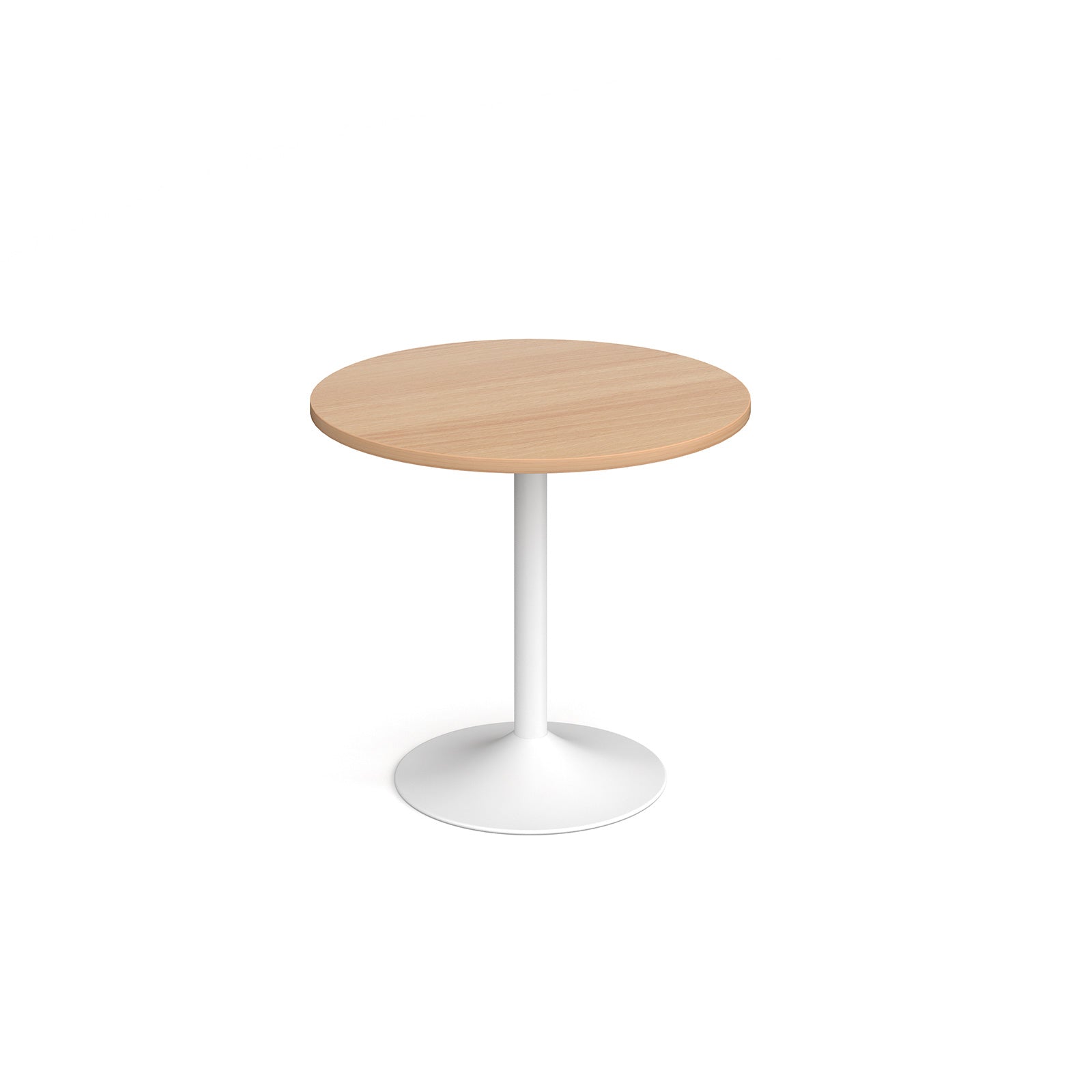 A modern round dining table with a wood-effect top and a white pedestal base, shown on a seamless white background.