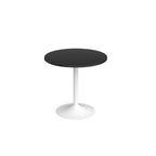 A modern round dining table with a black top and a white pedestal base, shown on a seamless white background.