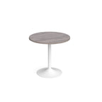A modern round dining table with a grey wood-effect top and a white pedestal base, shown on a seamless white background.
