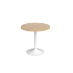 A modern round dining table with a wood-effect top and a white pedestal base, shown on a seamless white background.
