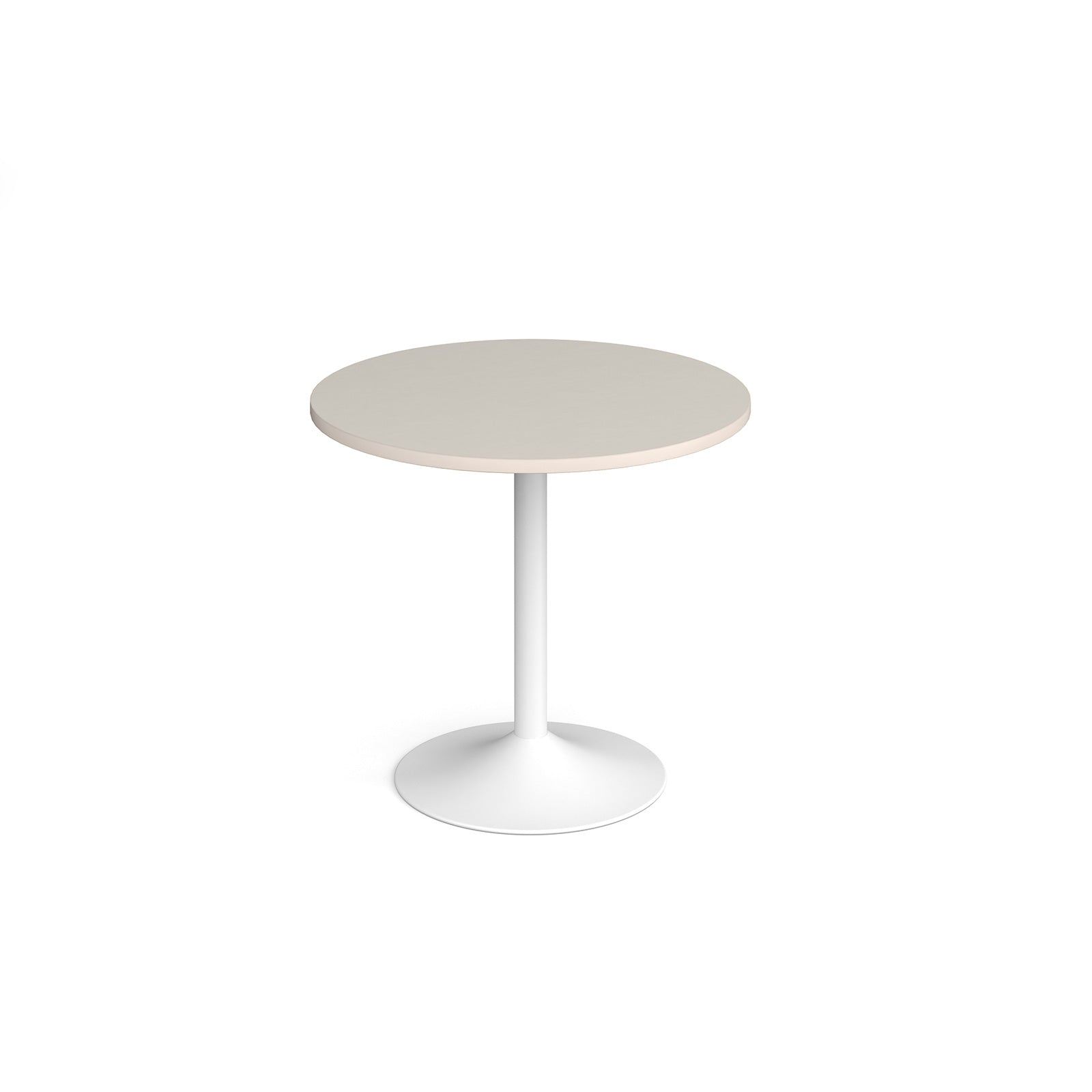 A modern round dining table with a light grey top and a white pedestal base, shown on a seamless white background.