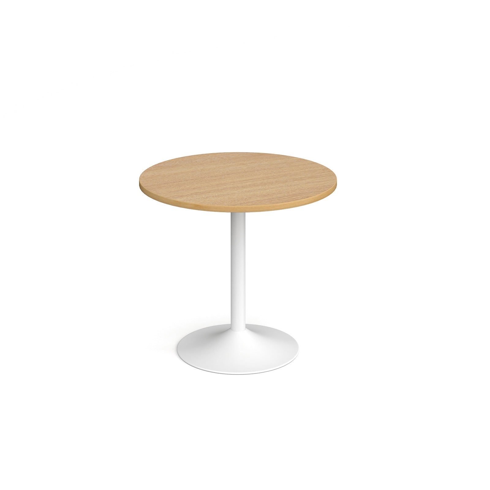 A modern round dining table with a wood-effect top and a white pedestal base, shown on a seamless white background.