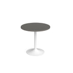 A modern round dining table with a grey top and a white pedestal base, shown on a seamless white background.